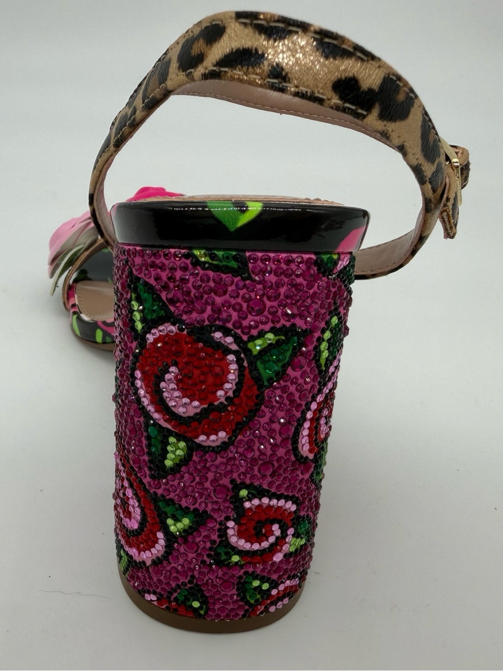 NIB Betsey Johnson Haddley Floral Rhinestone Block Heels Leopard Rose Sandals 9. - Picture 4 of 7